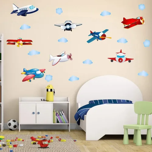 Miniatura 4 de Calcomanías de pared de avión, calcomanías de pared de acuarela para niños, guardería, sala de juegos, dormitorio, serie de aviones vintage