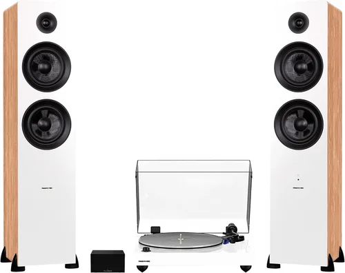 Fluance RT85 Reference High Fidelity Vinyl Turntable (White), PA10 Phono Preamp and Ai81 Powered Floorstanding Speakers (Bamboo), Ortofon 2M Blue