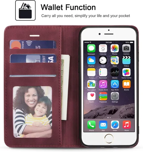 Miniatura 2 de QLTYPRI Funda para iPhone 6 Plus/6S Plus, cubierta de piel PU con tarjetero, funda tipo billetera con solapa magnética y a prueba de golpes - Vino