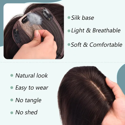 Miniatura 5 de Toppers de cabello humano real para mujeres con cabello delgado, 6 pulgadas, marrón oscuro