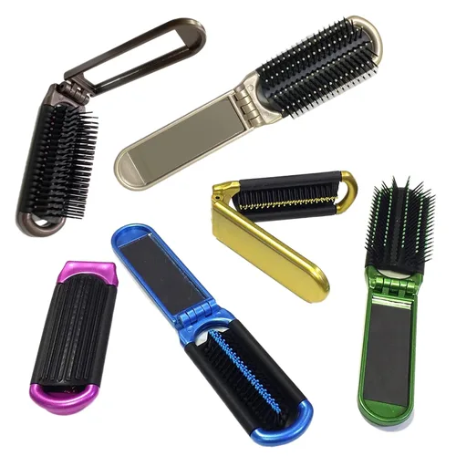 ALAZCO Cepillo de pelo plegable de 2 colores surtidos con espejo, tamaño de bolsillo compacto, para viaje, coche, gimnasio, bolsa, monedero,