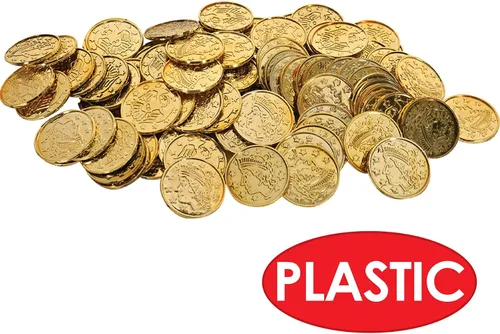 Miniatura 6 de Beistle 100 monedas de plástico dorado pirata en relieve, suministros temáticos occidentales, recuerdos de fiesta de casino, 1.5 pulgadas Embossed