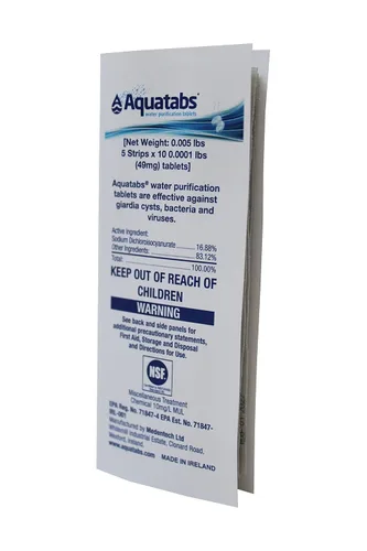 Aquatabs Tabletas de purificación de agua de 49 mg (paquete de 50). Sistema de filtración de agua para senderismo, mochileros, campamentos,
