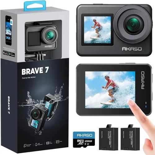 AKASO Brave 7 Cámara de acción 4K30FPS 20MP con tarjeta de memoria MicroSDXC U3 de 128 GB, cámara impermeable con pantalla táctil IPX8 33 pies EIS