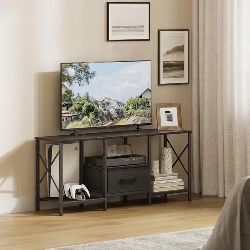 Miniatura 2 de JARHETUN - Soporte de TV con cajón de tela, centro de entretenimiento para TV de 50 55 pulgadas, consola de TV industrial con estantes de Negro