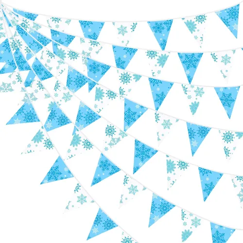 Pancarta de copos de nieve azules y blancos de 32 pies, bandera triangular, banderines de tela para invierno, país de las maravillas, Navidad, Azul