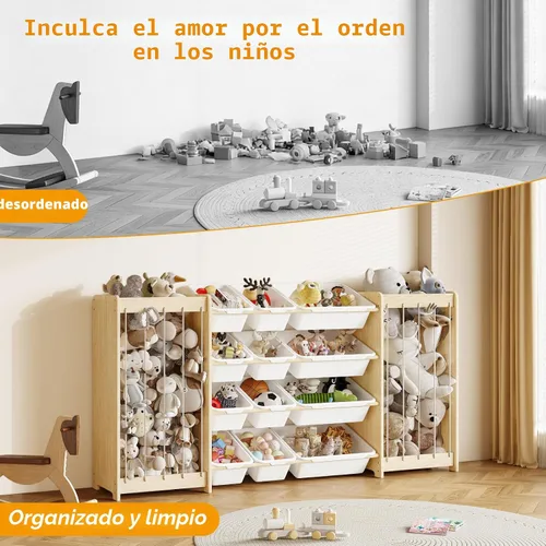 Miniatura 7 de EXPERLAM Organizador grande de almacenamiento de juguetes, almacenamiento de animales de peluche de madera y organizador de juguetes de 12 Blanco