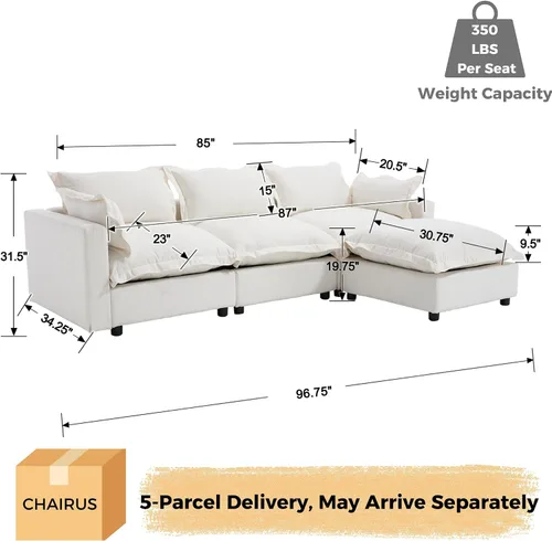 Miniatura 2 de chairus Sofá modular modular de 97 pulgadas con asiento profundo otomano movible, juego de sofá de lino con almohadas suaves en forma de L para sala