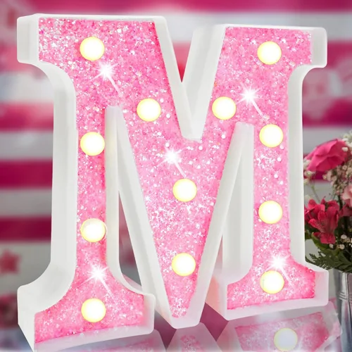 Miniatura 21 de Letras rosas iluminadas, letras del alfabeto con purpurina, letras LED de marquesina, que funcionan con pilas, para iluminar por la noche
