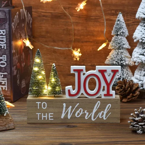 Miniatura 4 de Decoración de Navidad para el Hogar, JOY para El Mundo Letrero de Mesa de Navidad de Madera con Árboles LED, Estante Rústico, Chimenea, Decoración