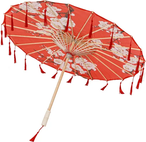 Miniatura 29 de THY COLLECTIBLES Sombrilla de seda clásica de estilo asiático de 33 pulgadas con borlas para bodas, fotografías, disfraces, cosplay, decoración