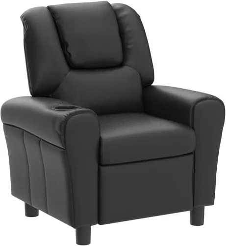 Miniatura 5 de ARLIME Silla reclinable para niños, sillón tapizado con soporte para tazas, respaldo, sofá de cuero para bebé con reposacabezas y reposapiés, Negro