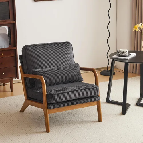 Miniatura 20 de Karl home Silla de acento moderna de mediados de siglo con cojín, tapizada en tela de lino, silla de salón con brazo, estructura sólida de madera
