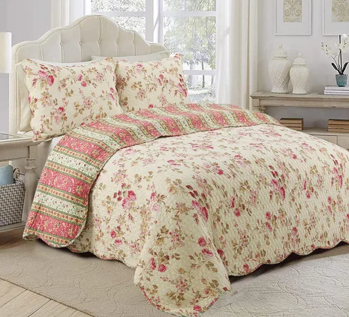 Juego de ropa de cama reversible de algodón festoneado de 3 piezas, color caqui, rosa, verde, floral vintage Cozy Line Home Fashions