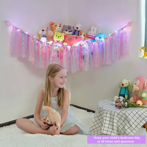 Miniatura 7 de Hamaca de almacenamiento de red de animales de peluche con luces LED, borlas coloridas, hamaca colgante de juguetes de peluche, organizador