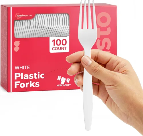 GUSTO [Paquete de 100] Tenedores de plástico desechables básicos, tenedores de plástico blanco resistentes, perfectos para fiestas, eventos y cenas
