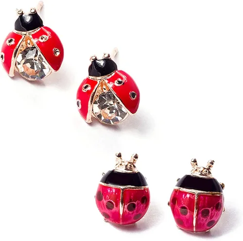 2 pares de pendientes de mariquita con circonita cúbica para mujer, diseño de insectos y mariquitas, diseño de lunares, color negro, rojo