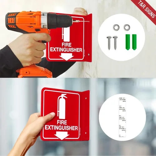 Miniatura 3 de Señal de extintor de incendios T&R, extintor de incendios con flecha hacia abajo - Paquete de 12 - Acrílico de 6 x 6 pulgadas, 2 orificios