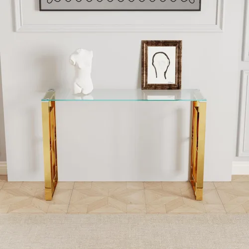 Miniatura 5 de Mesa consola de cristal, moderna mesa de entrada de 47.2 pulgadas, parte superior de vidrio con base de acero inoxidable, mesa de sofá estrecha