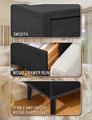 Miniatura 5 de Mesita de noche de madera con mango ranurado moderno de mediados de siglo, cajón de almacenamiento y estante, mesa auxiliar de noche, 2 cajones Negro