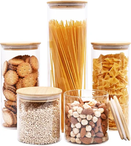 Miniatura 22 de SHOWIN Tarros de almacenamiento de pasta de vidrio de 73 onzas, tarros altos de vidrio con tapas de bambú, contenedor de espagueti, juego de 3