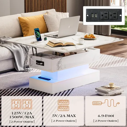 Miniatura 5 de SYESWAY - Mesa de centro con tapa elevable de 39.4 pulgadas con estación de carga, mesa central con diseño de mármol brillante con compartimento