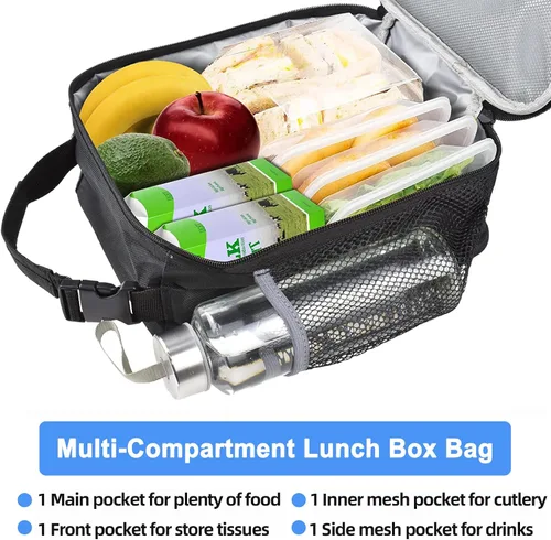 Miniatura 4 de Lonchera aislada, a prueba de fugas, portátil, para mujeres, hombres, niños y niñas, bolsa enfriadora de gran capacidad con asa y bolsillo para Negro