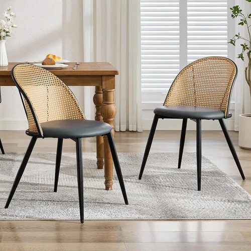 Miniatura 10 de TYBOATLE Juego de 2 sillas de comedor de ratán con cojín de piel sintética, modernas sillas de comedor con almohadillas ajustables para los pies