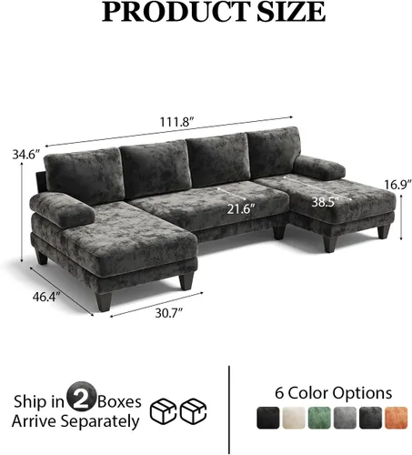 Miniatura 2 de Sofás seccionales en forma de U para sala de estar, sofá de felpilla con diván doble, sofá seccional gris oscuro de 112 pulgadas para apartamento