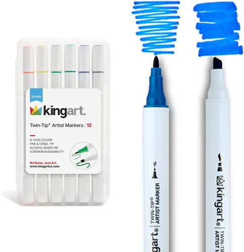 KINGART Studio Twin-Tip™ - Marcadores permanentes a base de alcohol, estuche de almacenamiento/viaje, juego de 12 colores únicos