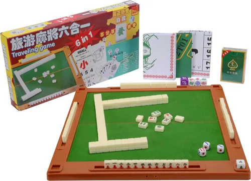 drizzle Set de Mahjong de viaje 6 en 1 con mesa de Mahjong - 146 azulejos tamaño portátil Mah-Jongg - dibujos de tamaño póker de peces, gambas y