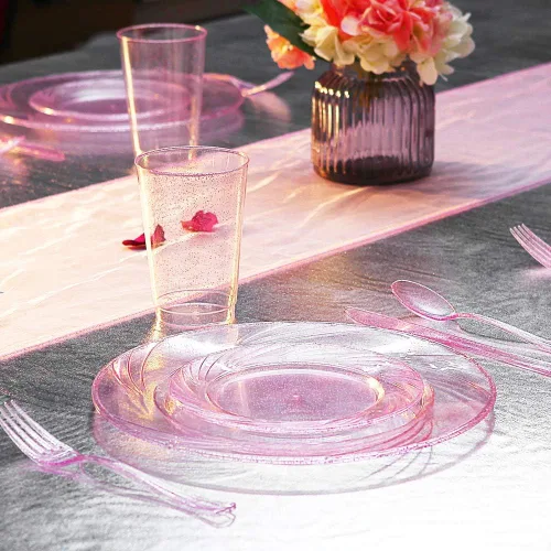 WDF Platos de plástico rosa dorado rosa con cubiertos de plástico rosa incluyen 40 platos de cena y ensalada, 40 tenedores, 40 cuchillos, 40