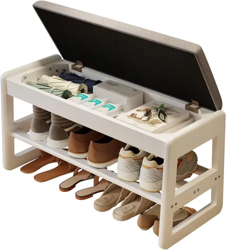 Miniatura 11 de AQIMUELE Banco pequeño para zapatos, banco de zapatos de 2 niveles con almacenamiento con tapa abatible, zapatero de madera para entrada, pasillo