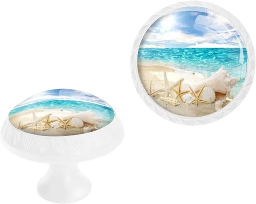 Miniatura 6 de Paquete de 4 tiradores negros para cajones, diseño de estrella de mar de mar y conchas azules con diseño de horizonte, manijas de cristal