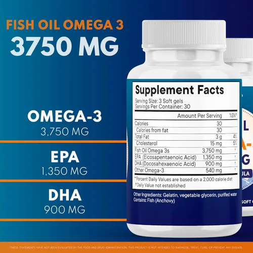 Miniatura 2 de Aceite de pescado Omega 3 Triple Strength 3750 mg - EPA y DHA - Más de 3000 mg de ácidos grasos omega-3 - 1350 mg EPA + 900 mg DHA - Los mejores