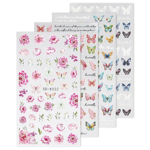 Miniatura 10 de Calcomanías de uñas, 4 hojas en relieve floral 5D, autoadhesivas para manicura de bricolaje