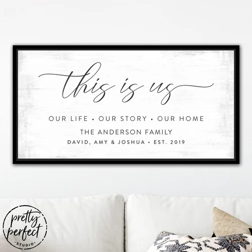 Miniatura 7 de Pretty Perfect Studio Letrero personalizado con texto en inglés "This Is Us", arte de pared personalizado con nombres de familia sobre lienzo de 6 x