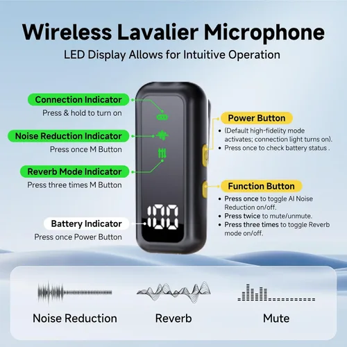 Miniatura 6 de Micrófono lavalier inalámbrico para iPhone 15, 16, 17 Pro, teléfono Android, mini micrófonos, batería de 130 pies y 48 horas, sistema de micrófono