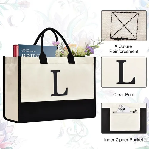 Miniatura 5 de Initial Canvas Tote Bag Birthdays Gift for Women Mom Teacher Friend Bridesmaid,Custom for Wedding Beach Holidays