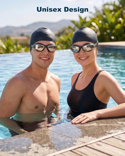 Miniatura 7 de Gafas de natación sin fugas con clip de nariz, tapones para los oídos, gorro de natación y funda para hombres y mujeres Negro