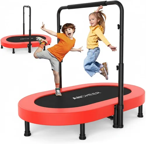 Miniatura 10 de ANCHEER 56" Double Mini Trampoline for Kids, Mini Rebounder with 5-Level Adjustable Handle, Parent-Child Trampoline for Kids, Max Load 220lbs, Fun