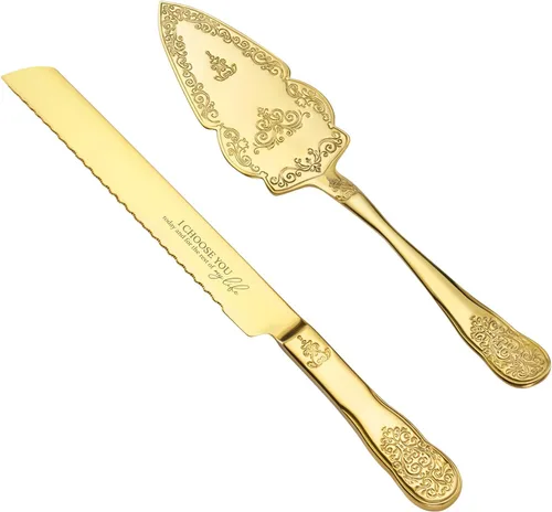 AW BRIDAL Juego de Cuchillo y Servidor Dorado para Pastel de Boda, Juego de Corte de Pastel Vintage para Boda, Cortador de Pasteles Personalizado,