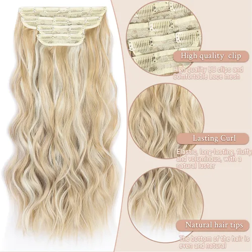 Miniatura 3 de Extensiones de cabello rubio con clip, de 22 pulgadas, extensiones de cabello largo y rizado con clip, 4 unidades, extensiones de cabello sintético