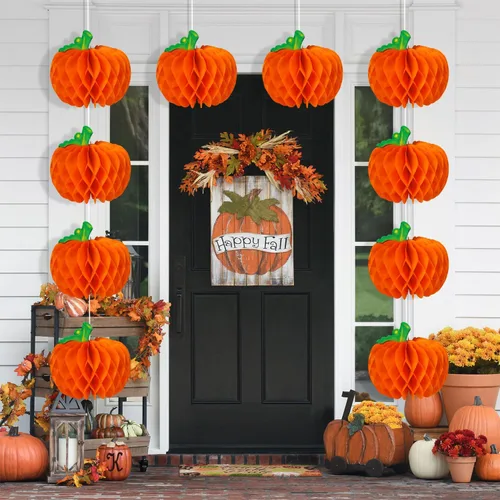 Miniatura 7 de 6 piezas de decoraciones de panal de calabaza, centros de mesa de calabaza 3D de Acción de Gracias, bolas de papel de panal de otoño para Halloween