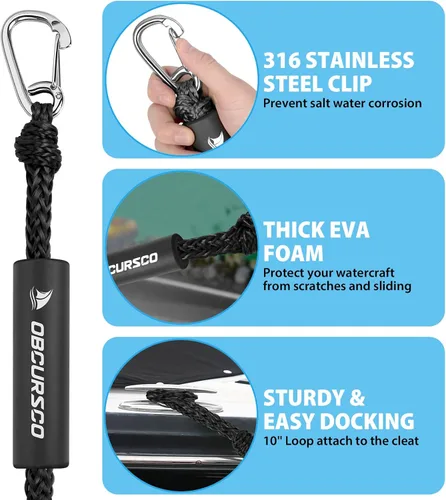 Miniatura 9 de Obcursco Líneas de muelle elásticas para barco, cuerda de amarre con clips de acero inoxidable 316, accesorios para moto acuática, PWC, SeaDoo