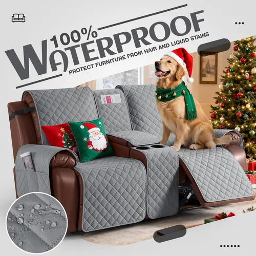 Miniatura 4 de KinCam Funda 100% impermeable para sofá biplaza reclinable con consola, fundas antideslizantes para sofá reclinable de 2 asientos, funda de sofá Gris