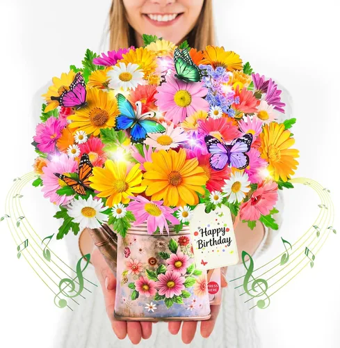 Miniatura 10 de Tarjetas de cumpleaños CUISH, tarjeta de feliz cumpleaños con luz y música, Cosmos Margarita No me Olvides, tarjeta de regalo de ramo de flores 3D