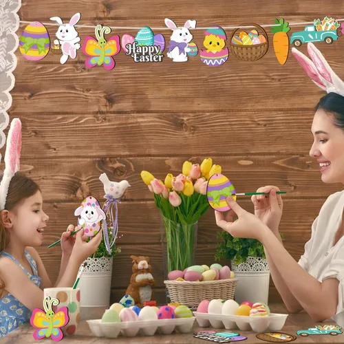 Miniatura 7 de Qunclay 24 piezas de adornos de madera de primavera de Pascua, huevos de flores, conejo, huevo, letreros colgantes para árbol, decoraciones