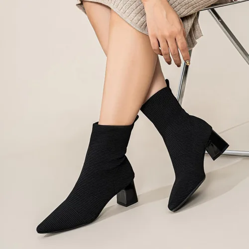 Miniatura 8 de Women's Ankle Boots Comfortable Pointed Toe Breathable Sock Knit Low Heel Fall Work Office Booties