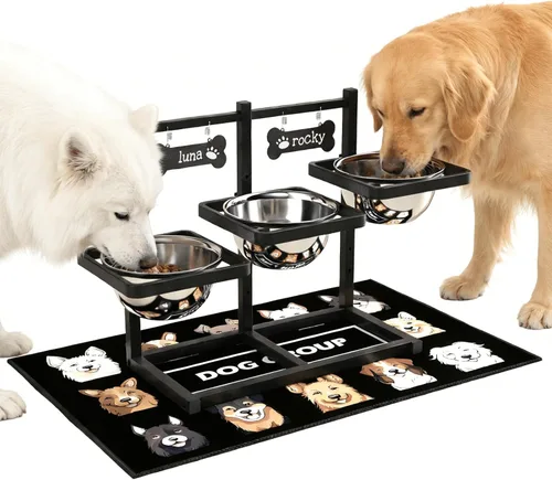 Miniatura 12 de Cuencos Elevados para Perros Grandes, Soporte Elevable Ajustable a 6 Alturas con Alfombrilla, Cuenco de Alimentación Lenta y Tres Cuencos de 1700ML